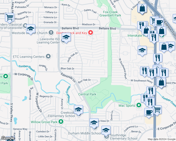 map of restaurants, bars, coffee shops, grocery stores, and more near 728 Blue Oak Drive in Lewisville
