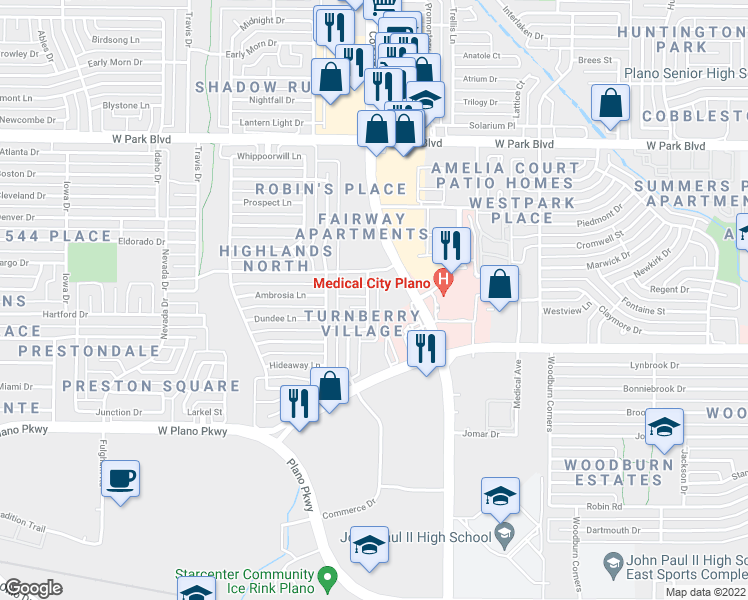 map of restaurants, bars, coffee shops, grocery stores, and more near 1604 Commerce Drive in Plano
