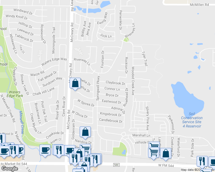 map of restaurants, bars, coffee shops, grocery stores, and more near 3106 Connor Lane in Wylie