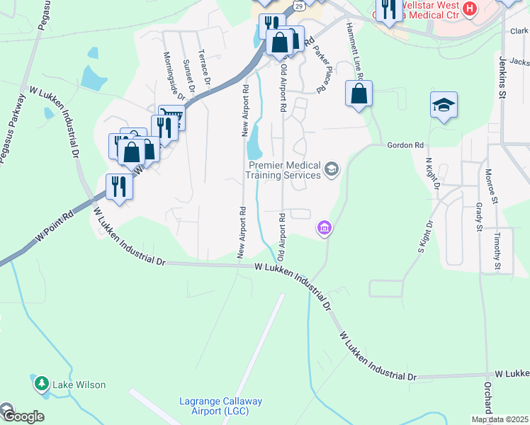 map of restaurants, bars, coffee shops, grocery stores, and more near 122 Old Airport Road in LaGrange