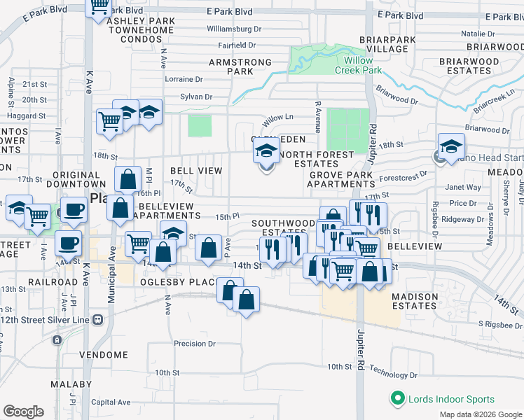 map of restaurants, bars, coffee shops, grocery stores, and more near 1713 15th Place in Plano