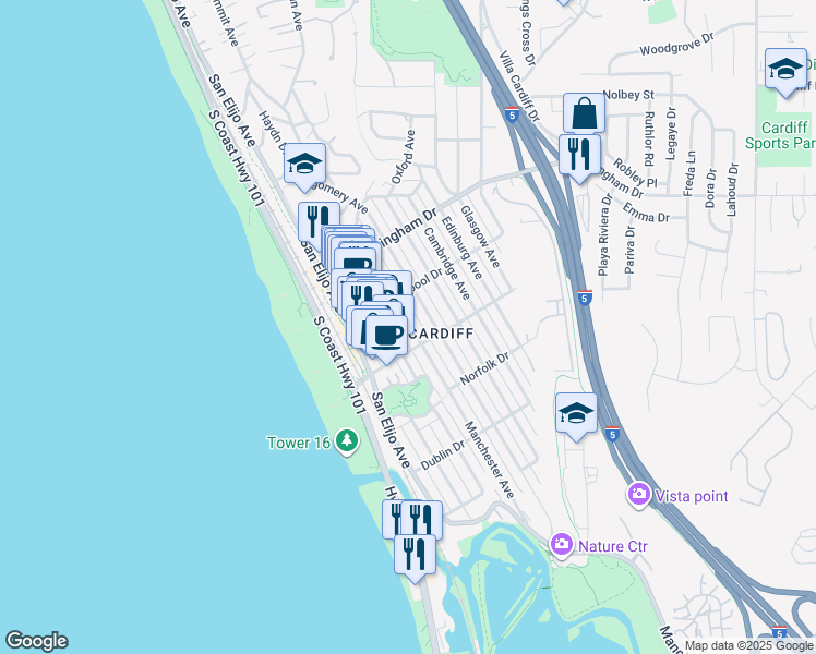 map of restaurants, bars, coffee shops, grocery stores, and more near 2150 Manchester Avenue in Encinitas