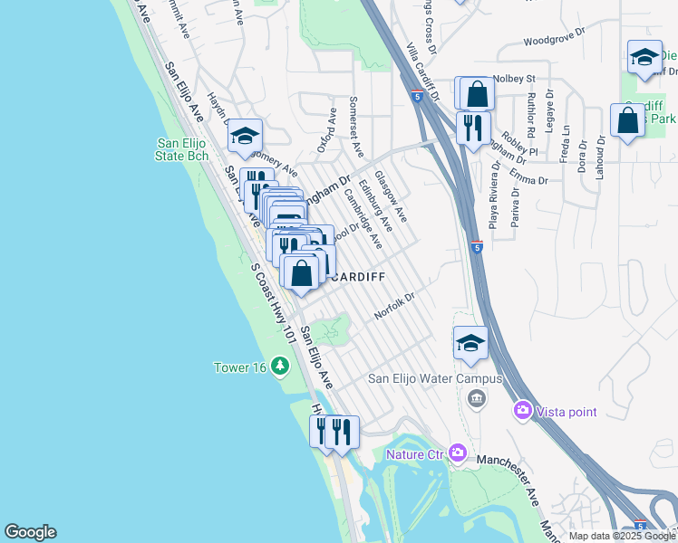 map of restaurants, bars, coffee shops, grocery stores, and more near 2167 Manchester Avenue in Encinitas