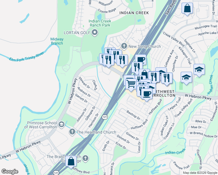 map of restaurants, bars, coffee shops, grocery stores, and more near 4105 Fairway Drive in Carrollton