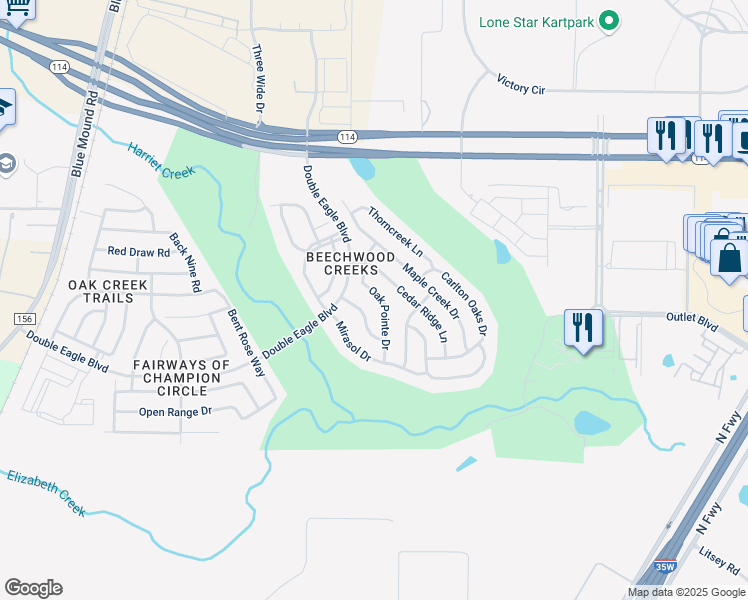 map of restaurants, bars, coffee shops, grocery stores, and more near 15809 Oak Pointe Drive in Fort Worth
