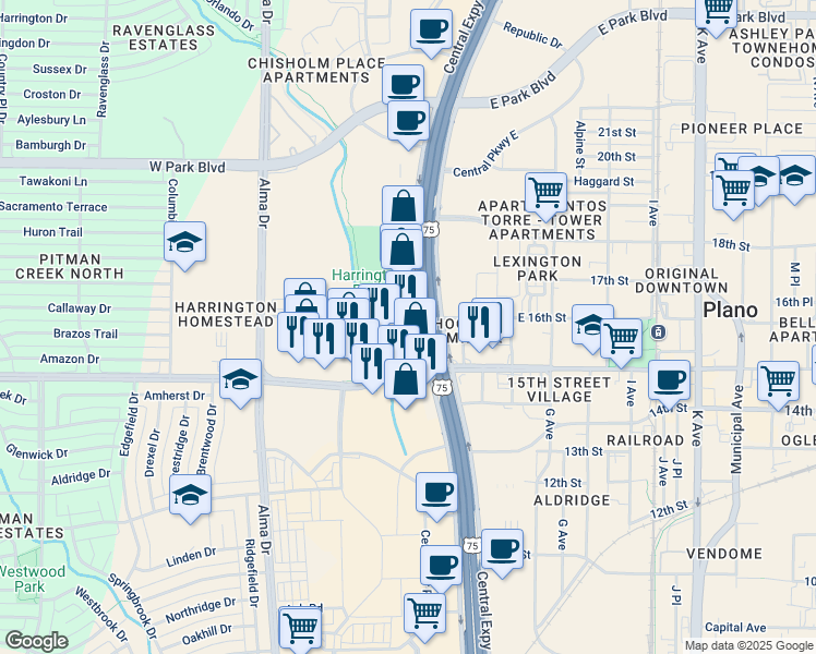 map of restaurants, bars, coffee shops, grocery stores, and more near 1517 North Central Expressway in Plano