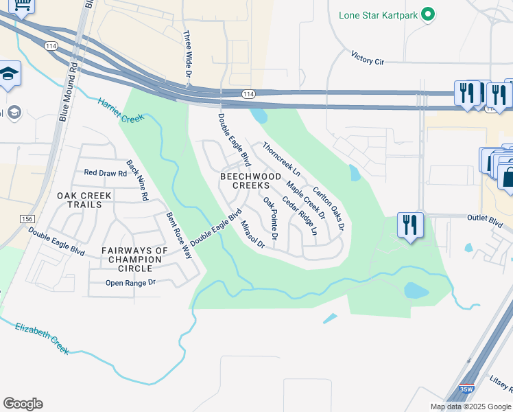map of restaurants, bars, coffee shops, grocery stores, and more near 15809 Oak Pointe Drive in Fort Worth