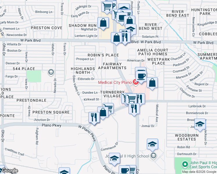 map of restaurants, bars, coffee shops, grocery stores, and more near 4073 Olympic Court in Plano
