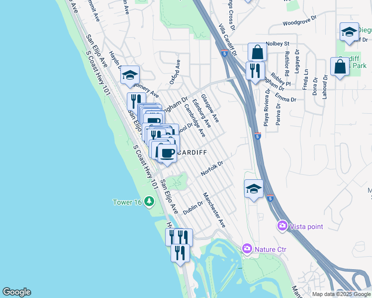 map of restaurants, bars, coffee shops, grocery stores, and more near 2174 Montgomery Avenue in Encinitas