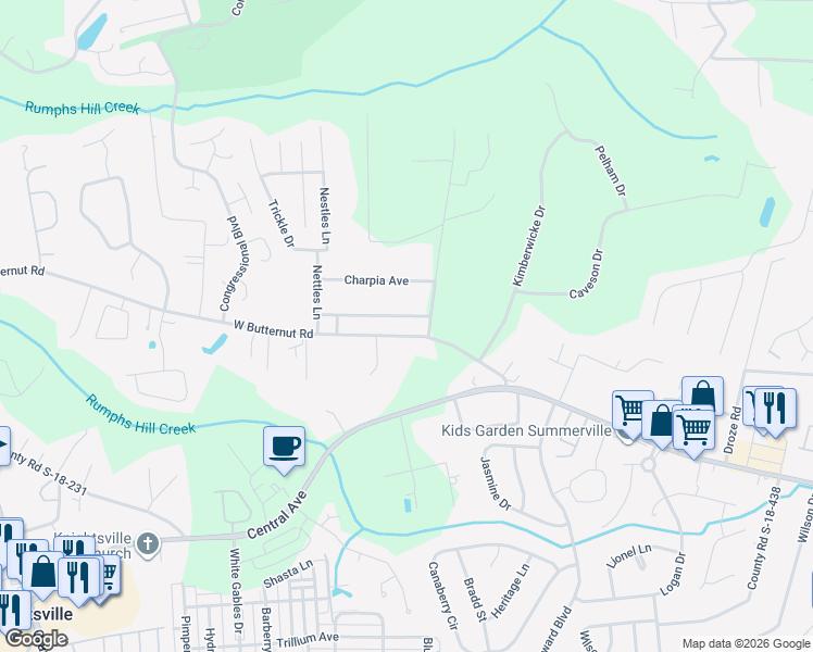 map of restaurants, bars, coffee shops, grocery stores, and more near 109 County Road S-18-452 in Summerville