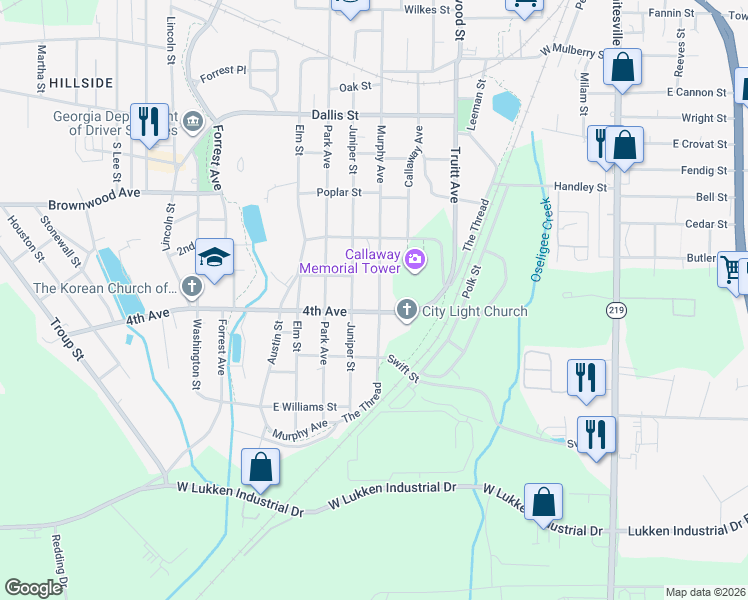 map of restaurants, bars, coffee shops, grocery stores, and more near 1206 Murphy Avenue in LaGrange