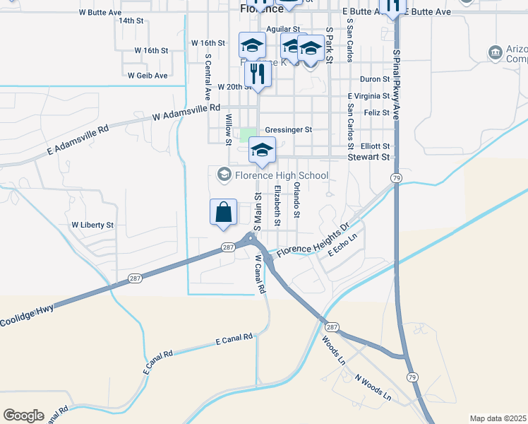 map of restaurants, bars, coffee shops, grocery stores, and more near 1211 South Main Street in Florence