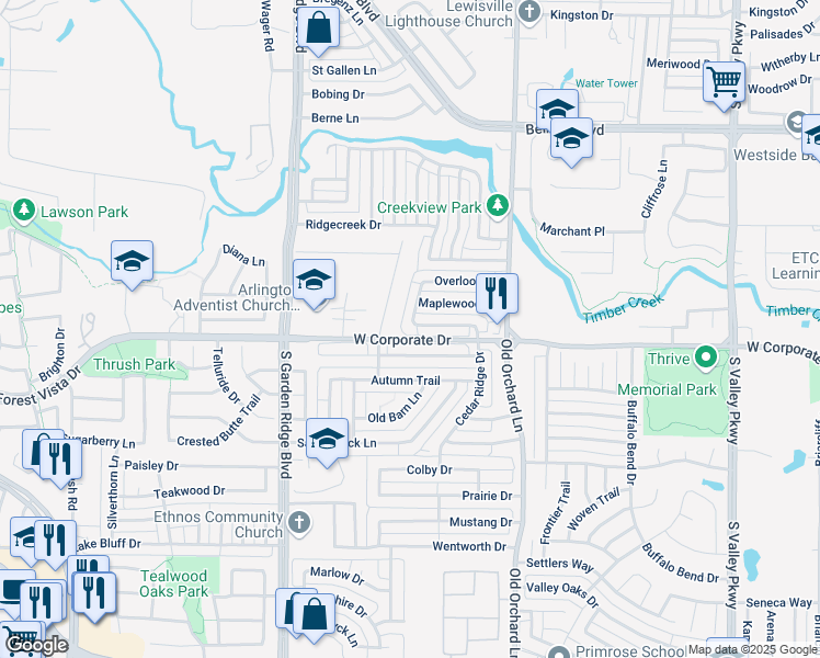 map of restaurants, bars, coffee shops, grocery stores, and more near 1828 Orchard Drive in Lewisville