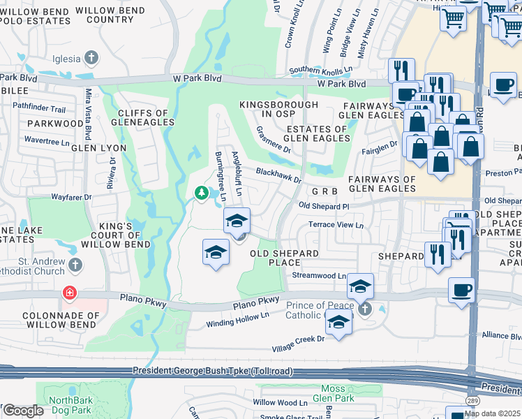 map of restaurants, bars, coffee shops, grocery stores, and more near 1501 Mockingbird Drive in Plano