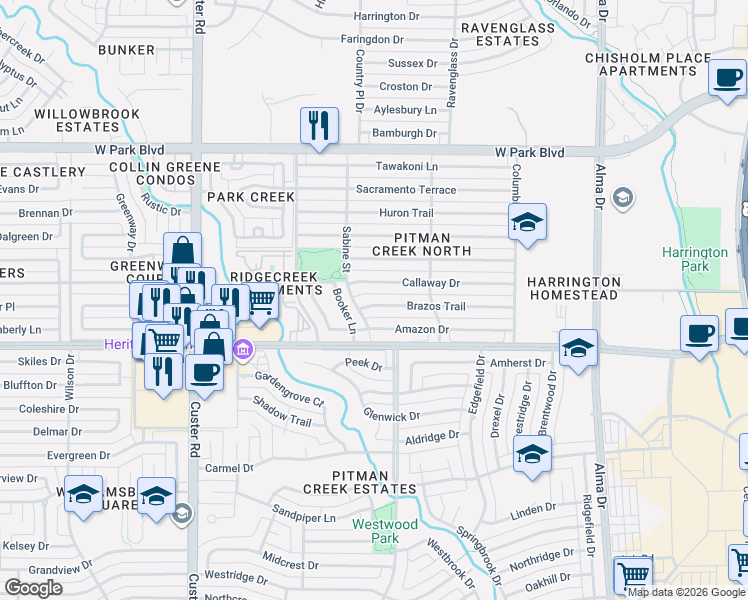 map of restaurants, bars, coffee shops, grocery stores, and more near 1713 Brazos Trail in Plano
