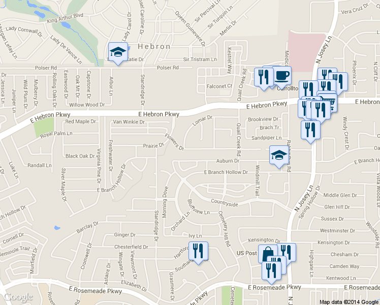 map of restaurants, bars, coffee shops, grocery stores, and more near 1624 Flowers Drive in Carrollton