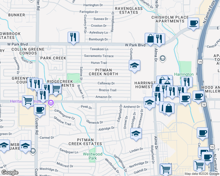 map of restaurants, bars, coffee shops, grocery stores, and more near 1521 Brazos Trail in Plano