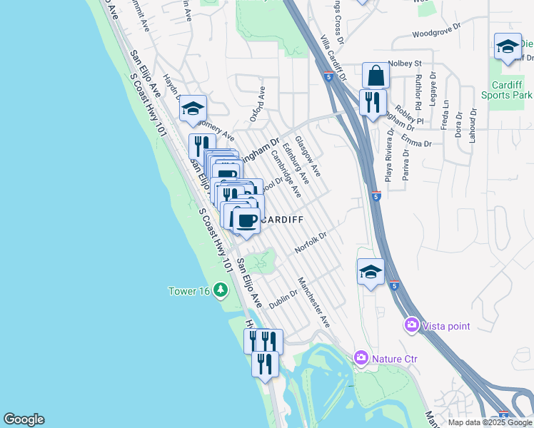 map of restaurants, bars, coffee shops, grocery stores, and more near 2150 Manchester Avenue in Encinitas