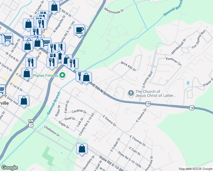 map of restaurants, bars, coffee shops, grocery stores, and more near 95 Branch Creek Trail in Summerville