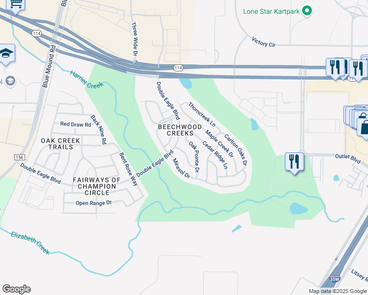 map of restaurants, bars, coffee shops, grocery stores, and more near 15809 Oak Pointe Drive in Fort Worth