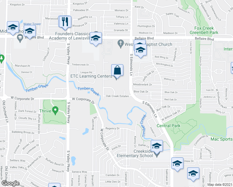 map of restaurants, bars, coffee shops, grocery stores, and more near 911 Oak Creek Estates Dr in Lewisville