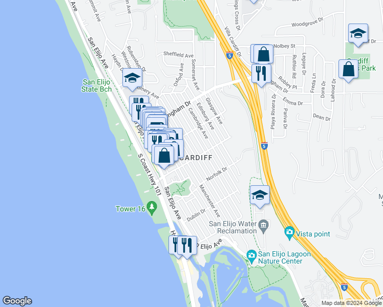 map of restaurants, bars, coffee shops, grocery stores, and more near 2174 Montgomery Avenue in Cardiff By The Sea
