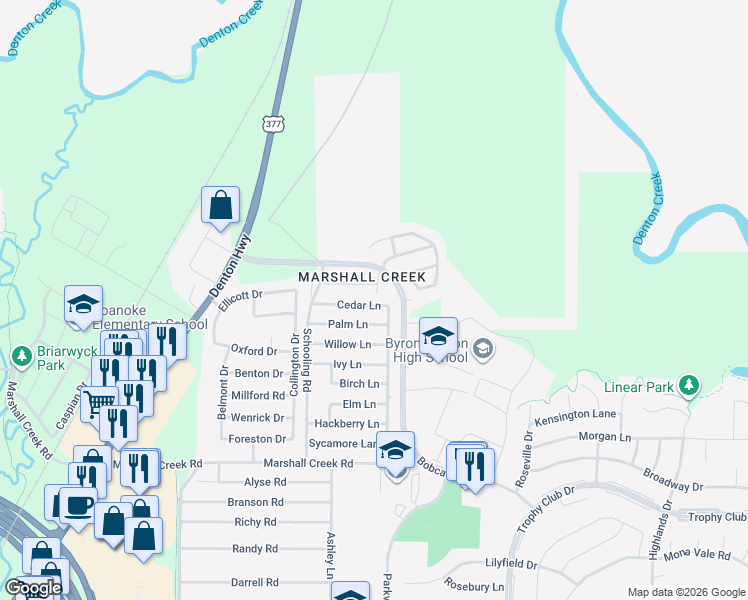 map of restaurants, bars, coffee shops, grocery stores, and more near 133 Cedar Lane in Denton