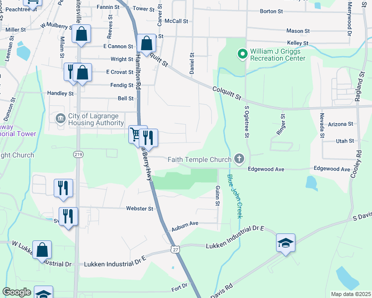 map of restaurants, bars, coffee shops, grocery stores, and more near 128 Brenda Boulevard in LaGrange