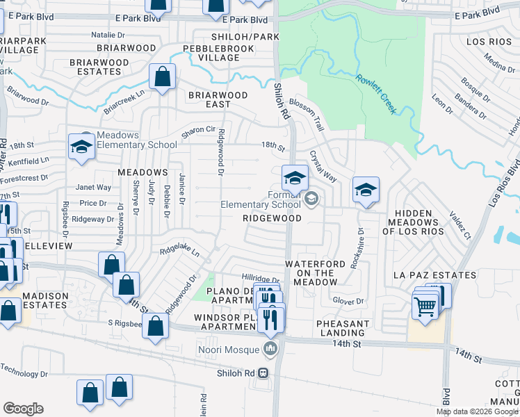 map of restaurants, bars, coffee shops, grocery stores, and more near 3501 Gatewood Lane in Plano