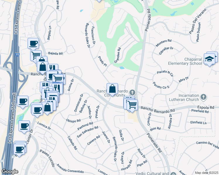 map of restaurants, bars, coffee shops, grocery stores, and more near 17018 Bernardo Oaks Drive in San Diego