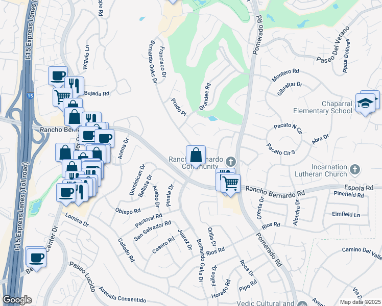 map of restaurants, bars, coffee shops, grocery stores, and more near 17018 Bernardo Oaks Drive in San Diego