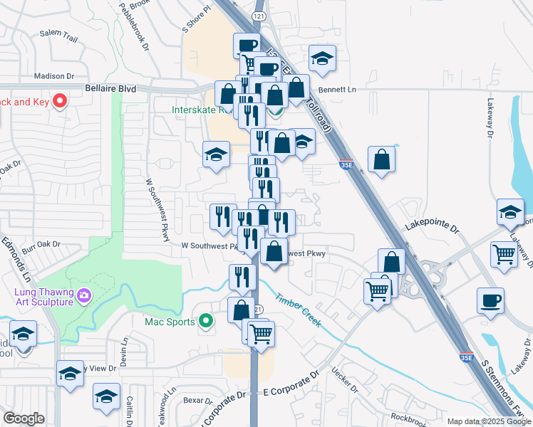 map of restaurants, bars, coffee shops, grocery stores, and more near 1680 Texas 121 in Lewisville