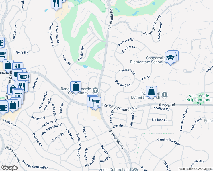 map of restaurants, bars, coffee shops, grocery stores, and more near 12574 Caminito De La Gallarda in San Diego