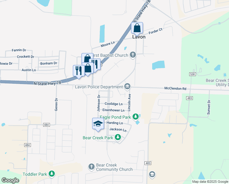 map of restaurants, bars, coffee shops, grocery stores, and more near 538 Arthur Drive in Lavon