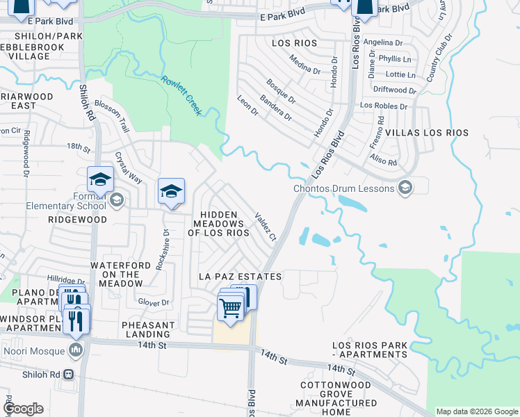 map of restaurants, bars, coffee shops, grocery stores, and more near 3945 Valdez Court in Plano