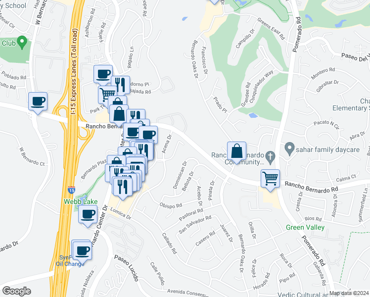 map of restaurants, bars, coffee shops, grocery stores, and more near 12075 Hierba Place in San Diego