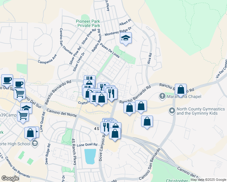 map of restaurants, bars, coffee shops, grocery stores, and more near 10447 Whitcomb Way in San Diego
