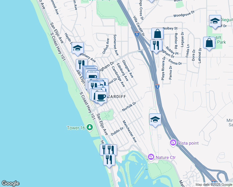 map of restaurants, bars, coffee shops, grocery stores, and more near in Encinitas