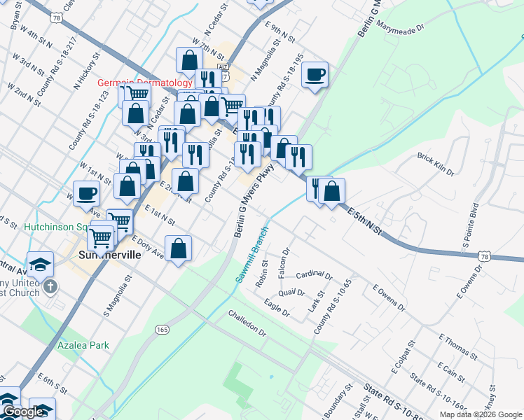 map of restaurants, bars, coffee shops, grocery stores, and more near 407 East 3rd North Street in Summerville