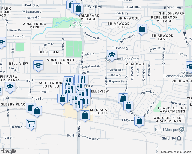 map of restaurants, bars, coffee shops, grocery stores, and more near 1531 Hillside Drive in Plano