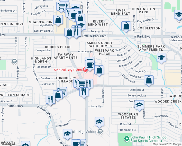 map of restaurants, bars, coffee shops, grocery stores, and more near 3901 Norman F Whitsett Parkway in Plano
