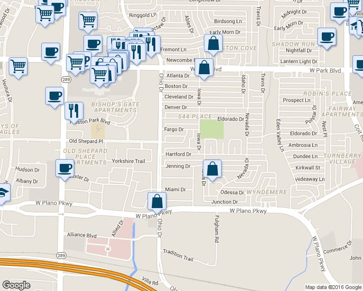 map of restaurants, bars, coffee shops, grocery stores, and more near 4521 Hartford Drive in Plano