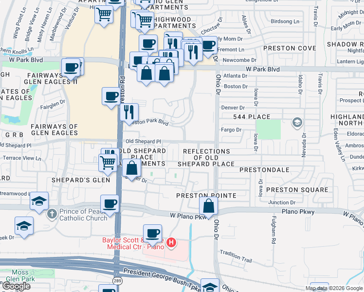 map of restaurants, bars, coffee shops, grocery stores, and more near 4629 Brook Meadow Lane in Plano