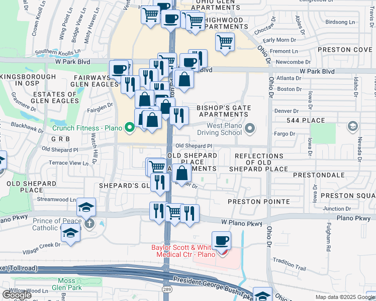 map of restaurants, bars, coffee shops, grocery stores, and more near 1520 Preston Road in Plano