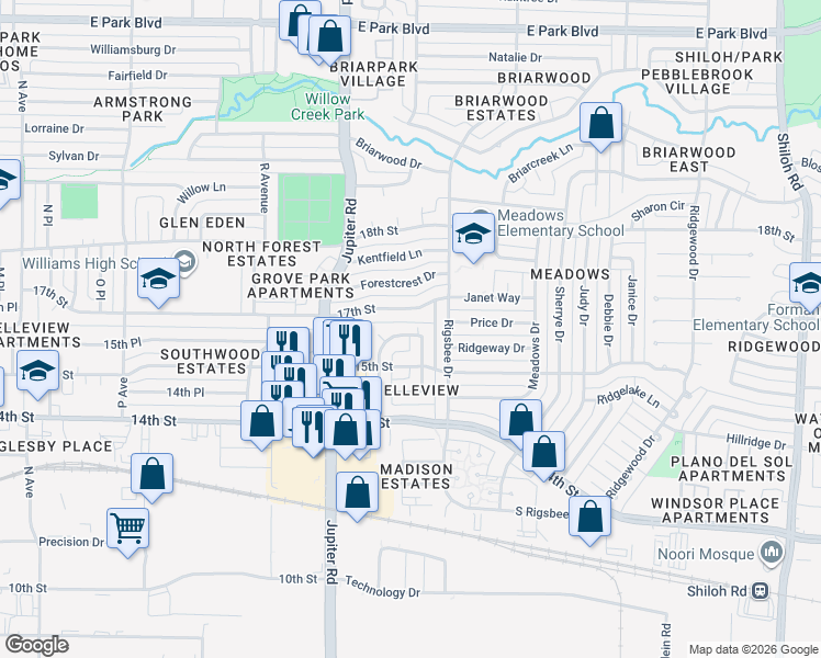 map of restaurants, bars, coffee shops, grocery stores, and more near 1531 Hillside Drive in Plano