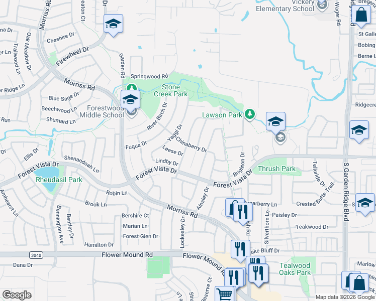 map of restaurants, bars, coffee shops, grocery stores, and more near 2629 Skinner Drive in Flower Mound