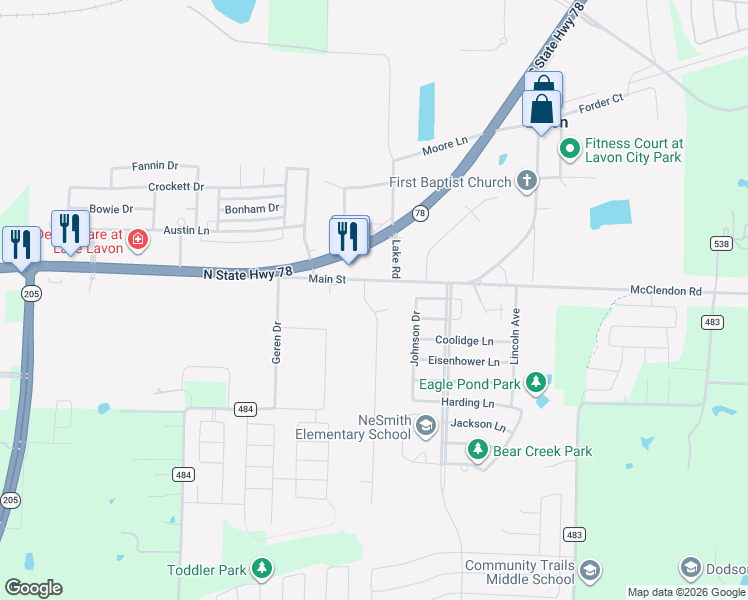map of restaurants, bars, coffee shops, grocery stores, and more near 504 Mustang Court in Lavon