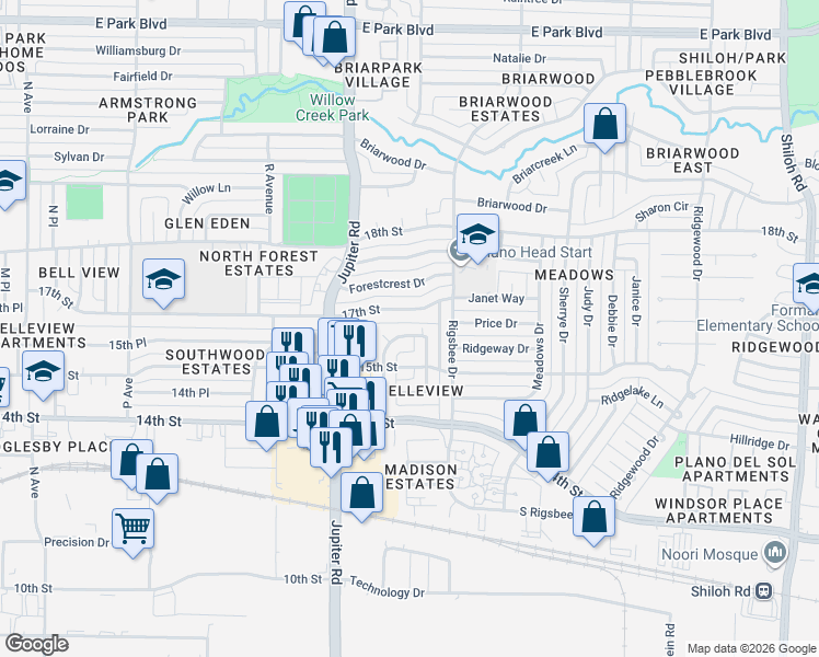 map of restaurants, bars, coffee shops, grocery stores, and more near 1531 Hillside Drive in Plano