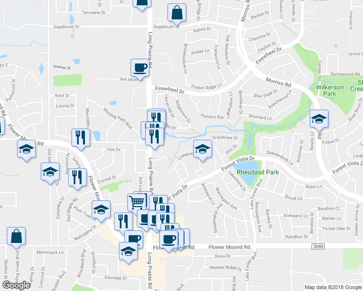 map of restaurants, bars, coffee shops, grocery stores, and more near 2613 Belmont Court in Flower Mound