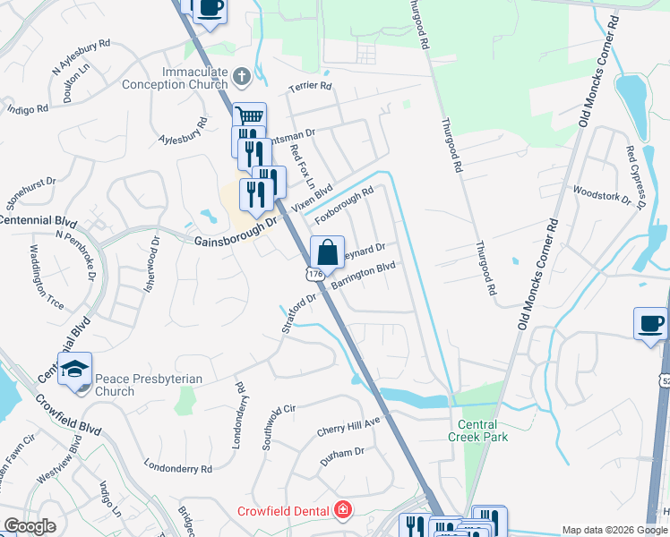 map of restaurants, bars, coffee shops, grocery stores, and more near 101 Barrington Boulevard in Goose Creek